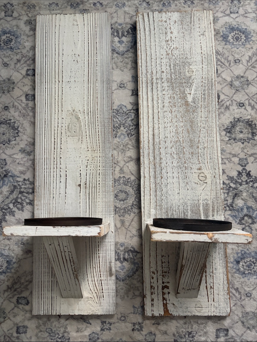 Distressed White Wood Wall Shelves with bronze  Accent - Pair
